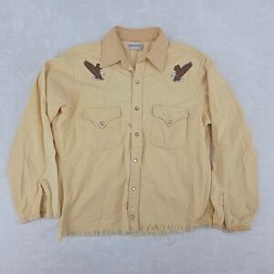 VTG Sheplers Yellow Pearl Snap Eagle Embroidered Shirt Sz Med CROPPED Women's